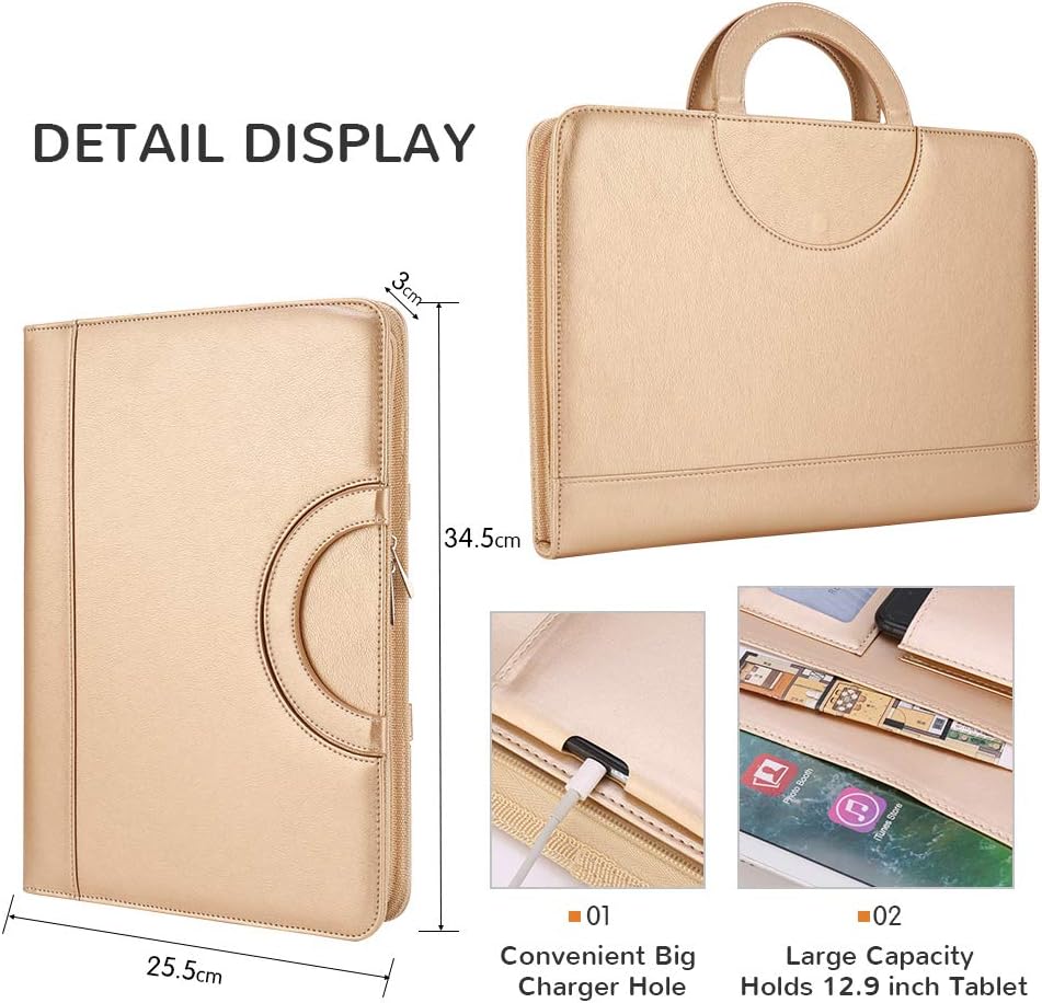 Darolin Zippered Leather Padfolio Portfolio with Hidden Handle and Clipboard, Business Conference Organizer Notepad Folder, Portfolio Bag, Padfolio for Women/Men (Gold)