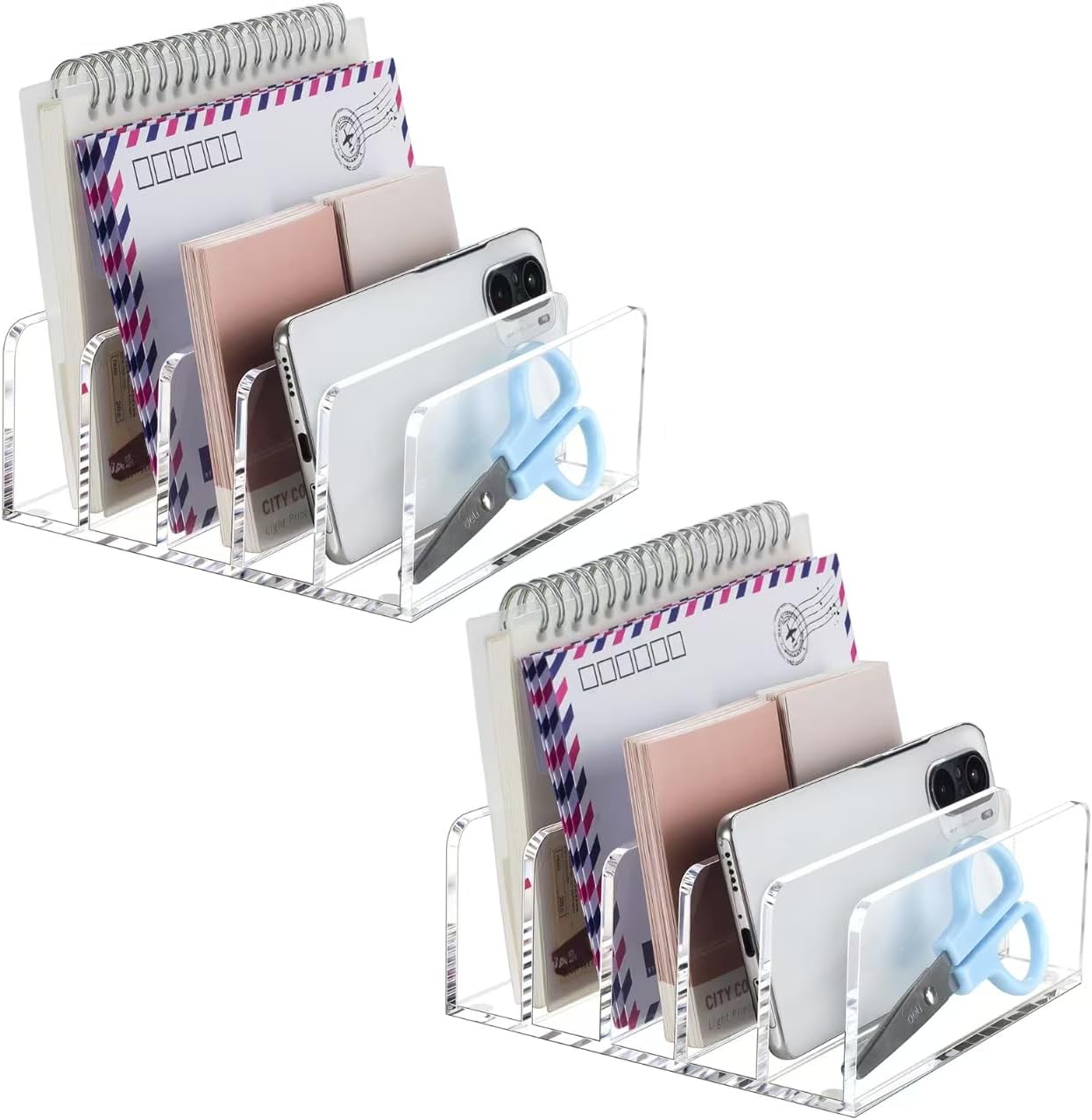 BEYGORM 2 Pack Acrylic Mail Holder, Clear Desk Organizer with Divider, Vertical Letter Sorter for Desktop, 5 Compartments Modern Office Home Envelope Organizer for Bill, Document, Notebook