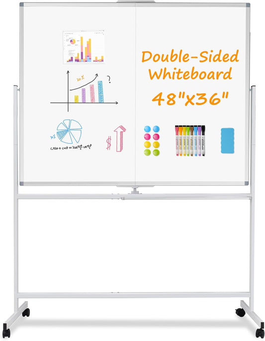 WALGLASS Rolling Dry Erase Whiteboard, 48"x36" Double-Sided White Board on Wheels, Large Portable White Board with Stand, Mobile Standing Whiteboards for Office, Home, School, Classroom 4x3 ft