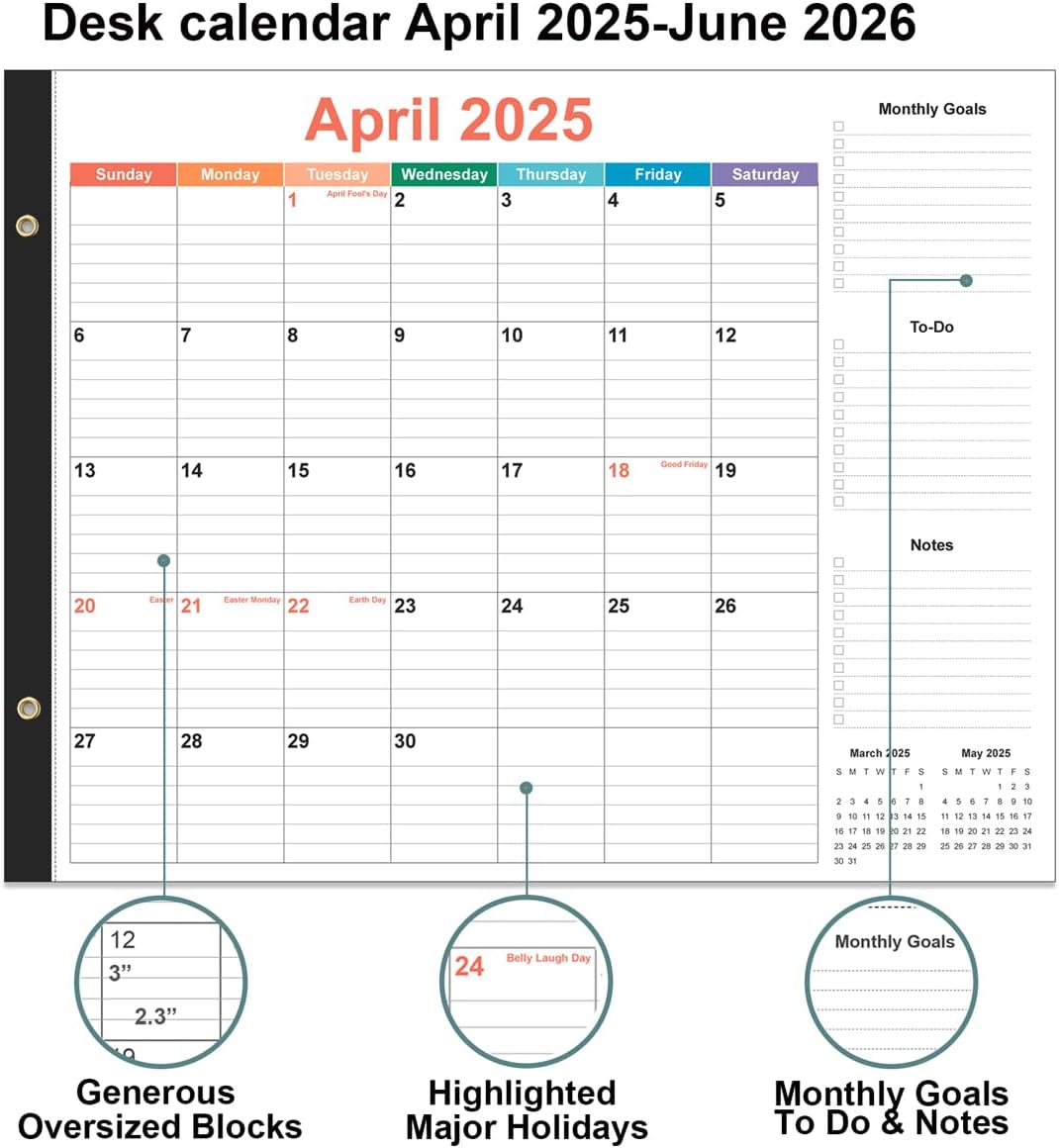 Large Desk Calendar 2025-2026 - 22" x 17" Desk Calendar from April 2025 - June 2026, Desktop Pad Calendar Perfect for Planning and Organizing In Your Home, School or Office, Colorful