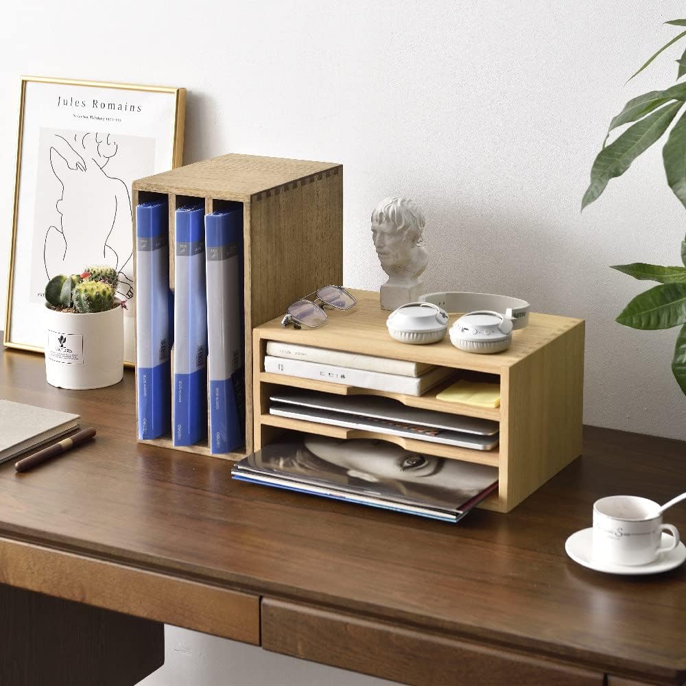 KIRIGEN Wooden Desktop Organizer Paper Storage Letter Tray File Sorter - Desk Rack Magazine File Dividers Holders for Home Office Accessories with 3 Layer Trays Dark Brown (3KWJG-DBR)