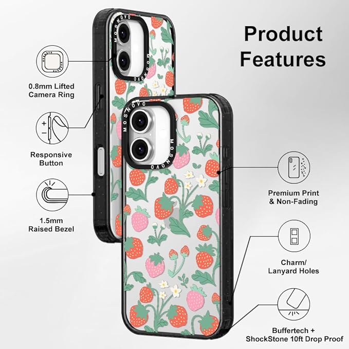 MOSNOVO Case for iPhone 16 Plus, [10ft 4X Military-Grade Drop Protection] Durable & Shockproof Phone Case Cover Design for iPhone 16 Plus - Strawberry Garden - Clear Black