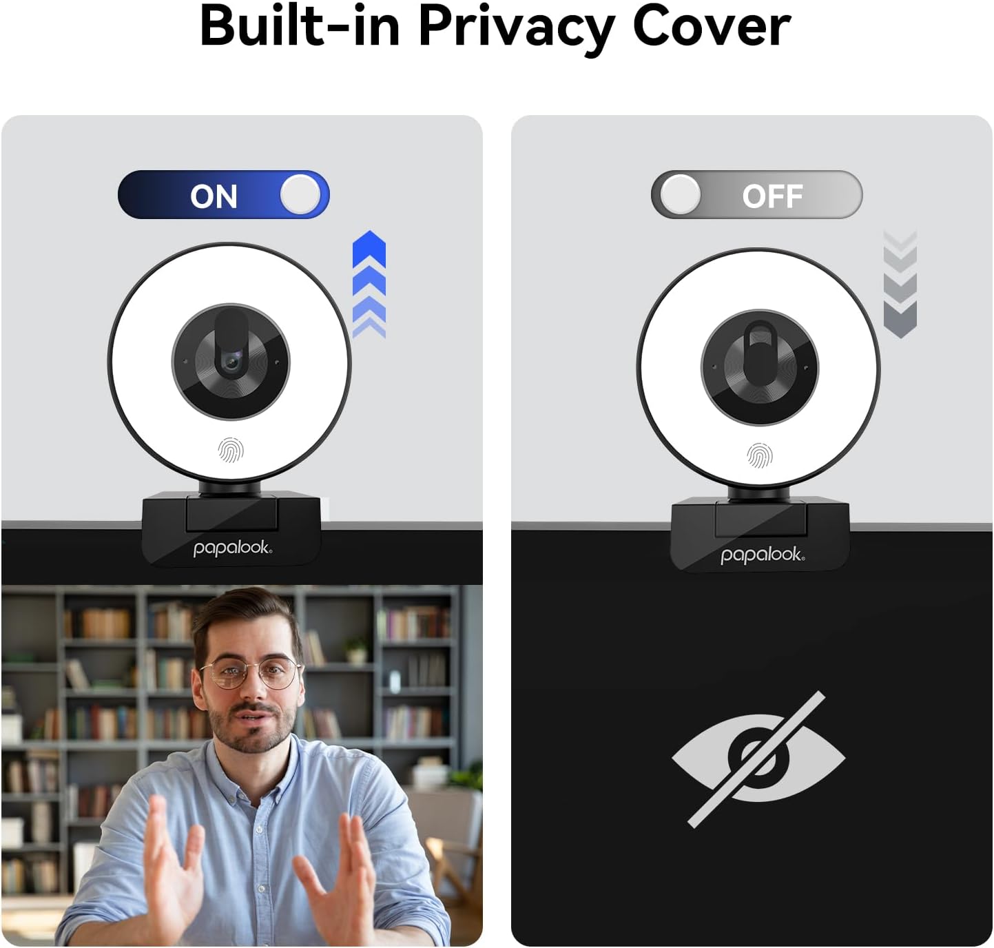 papalook 2K/1080P Webcam with Light and Privacy Cover, PA552 Full HD Streaming Web Camera with Dual Microphones, Plug and Play USB Computer Webcam for PC Laptop Desktop, Mac Zoom Skype Teams