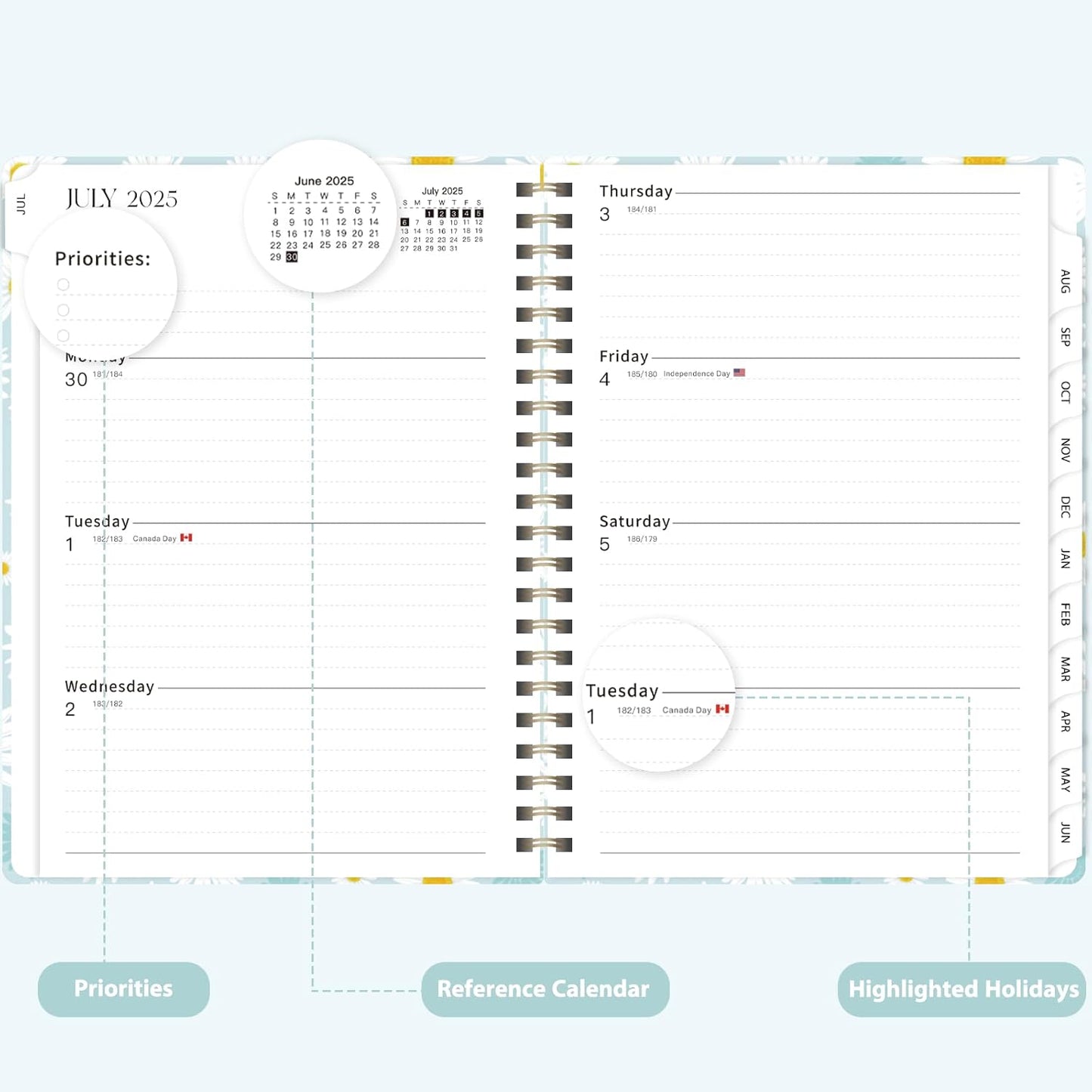 Planner 2025-2026 for Women & Men, Weekly and Monthly Calendar Notebook (July 2025 - June 2026), Hardcover Spiral Bound School Teacher Student Planner with Tabs, Inner Pocket, A5 (6.3" x 8.5")