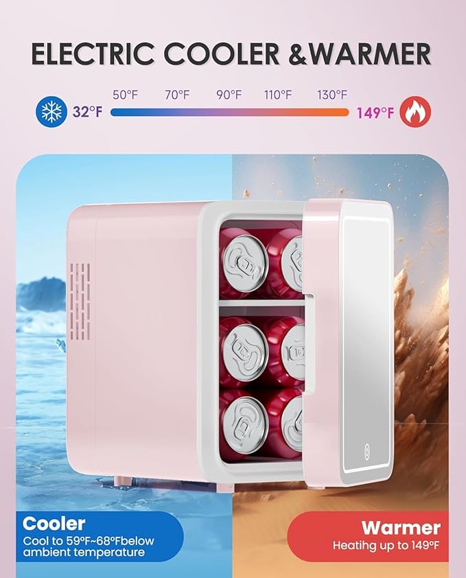 Skincare Fridge With Dimmable LED Light Mirror, 4L Makeup Mini Fridge for Bedroom, Car, Office & Dorm, Cooler & Warmer, Portable Small Refrigerator for Cosmetics, Skin Care and Food, Pink