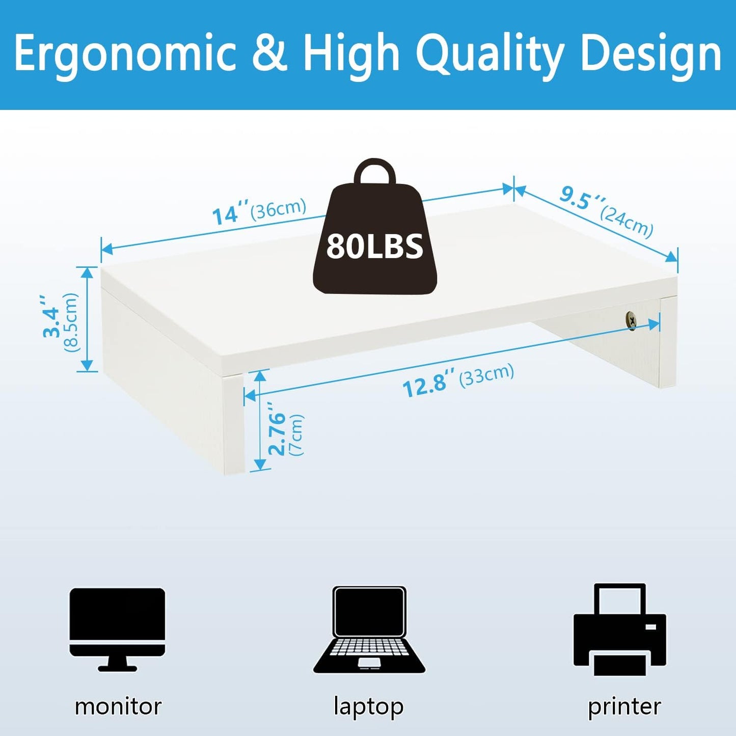 TEAMIX 14.2 inch White Monitor Stand Riser, Wood Monitor Riser with Storage for Desk Small Monitor Stand TV/Screen/PC/Laptop Riser Computer Stand Desktop Shelf (White-14.2 inch)