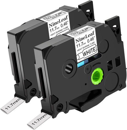 NineLeaf 2 Pack Black on White Heat Shrink Tubes Label Tape Compatible for Brother HSe-231 HSe231 HS231 HS-231 11.7mm 0.46'' P-Touch PT-D200 PT-D215e PT-D201 PT-D210 PT-D400 PT-D600 Label Maker