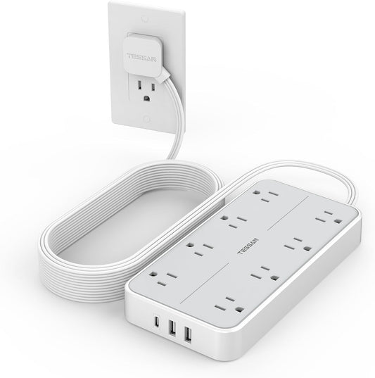 Flat Plug 15 FT Extension Cord, TESSAN Surge Protector Power Strip with 8 AC and 3 USB(1USB-C) Ports, 1080J Protection, Wall Mount Widely Spaced Charging Station for Home, Office, School, Dorm Room