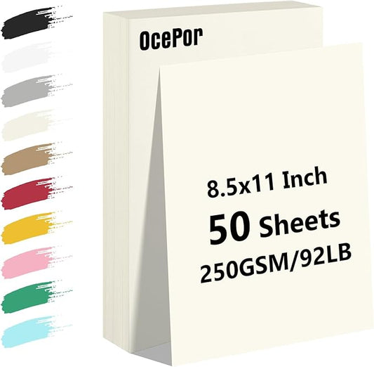 OcePor 50 Sheets Cream Cardstock Paper, Colored Printer Paper 8.5 x 11, Card Stock Thick Construction for Craft,Scrapbook，Office Printing, Invitations, Certificates，92 lb/250gsm