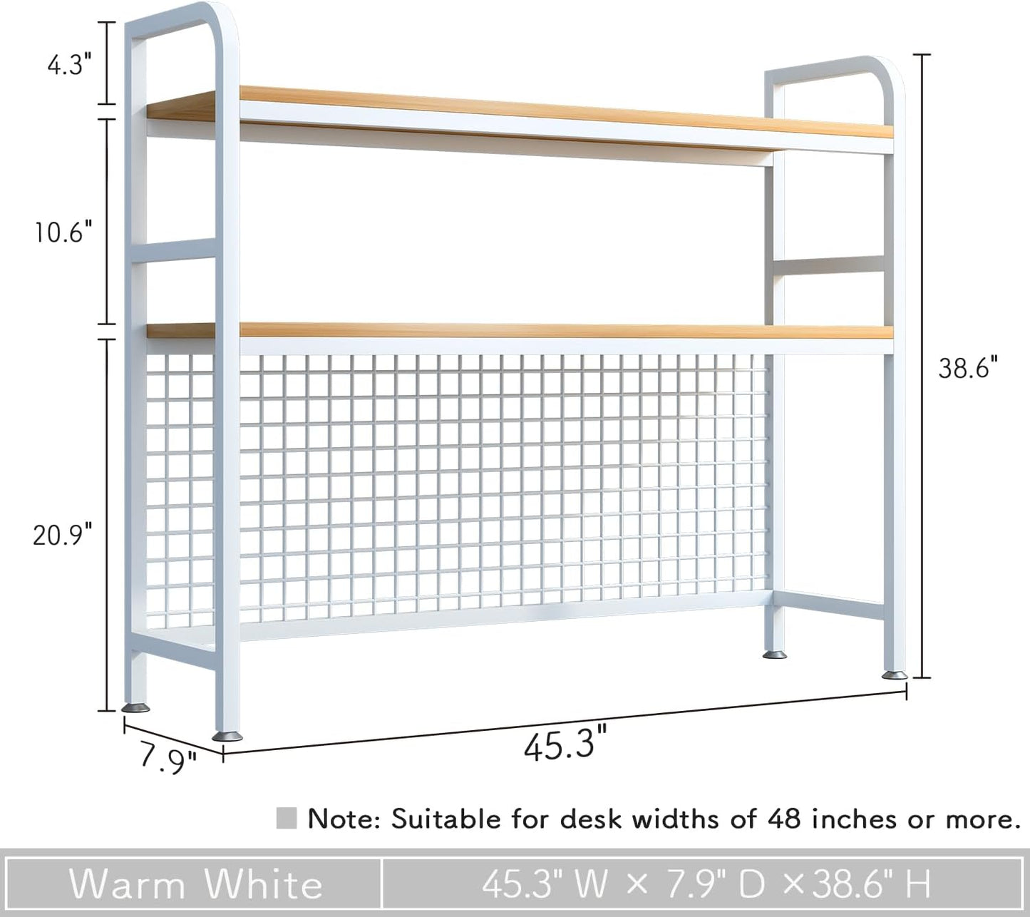 IOTXY 2-Tier Desktop Hutch Bookshelf - Metal Desk Shelf Bookcase with Grid Panel, Countertop Storage Organizer Rack for Dorm or Office, White, 45.3" W