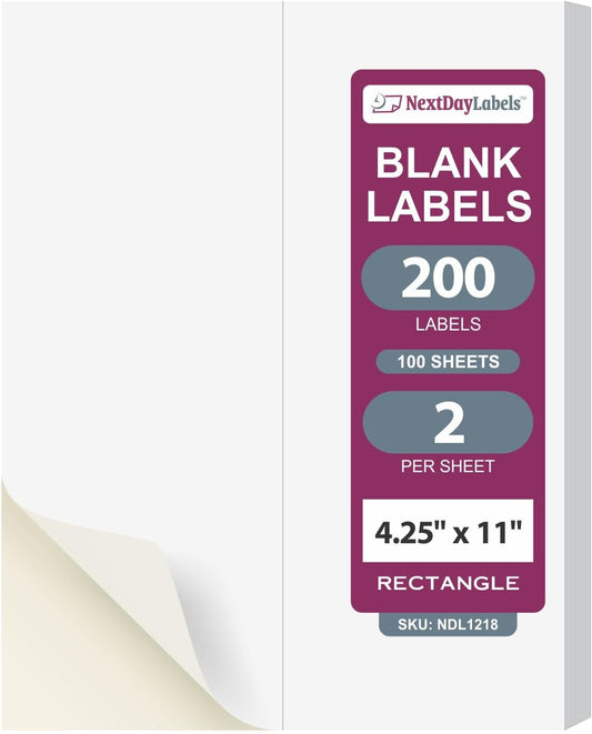 NextDayLabels – 4-1/4" x 11" Rectangular Sticker Labels for Printer - White Laser/Inkjet Printer Labels Return Address Labels Shipping Label Stickers (100 Sheets, 2 Per Sheet, 200 Labels)