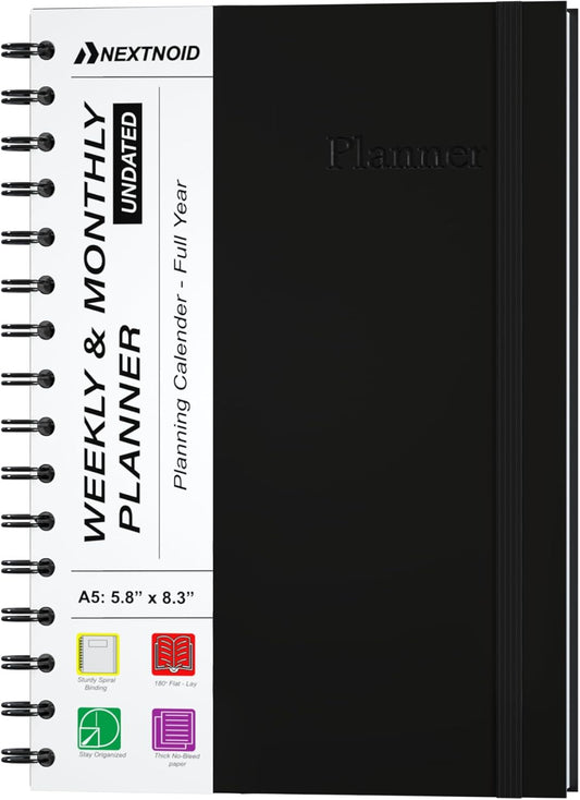 Undated Monthly and Weekly Planner - 12 Month Calendar Planner Notebook with Week Days - Hardcover Undated Planners Blank Agenda Book - A5 Black