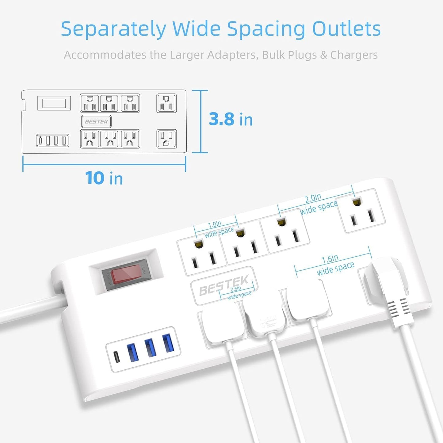 BESTEK 8 AC Outlet, 5 Feet Extension Cord Power Strip with 3 USB-A 2.4A 1USB-C 3A, MAX Output 1625W 13A, 600Joule, Ultra-Compact Wide Spaced Outlet for Large Plug