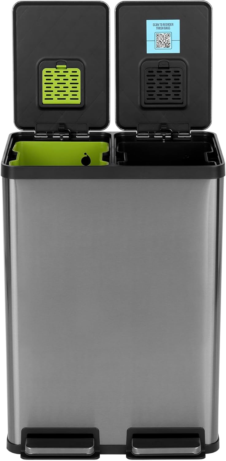 SIMPLI-MAGIC 16 Gallon (60L) Elegant Black Step Trash Can – Dual Compartment Kitchen Garbage Can with Waste & Recycling Bins – Slow-Close Lid, Odor Control, Hands-Free, Premium Stainless Steel
