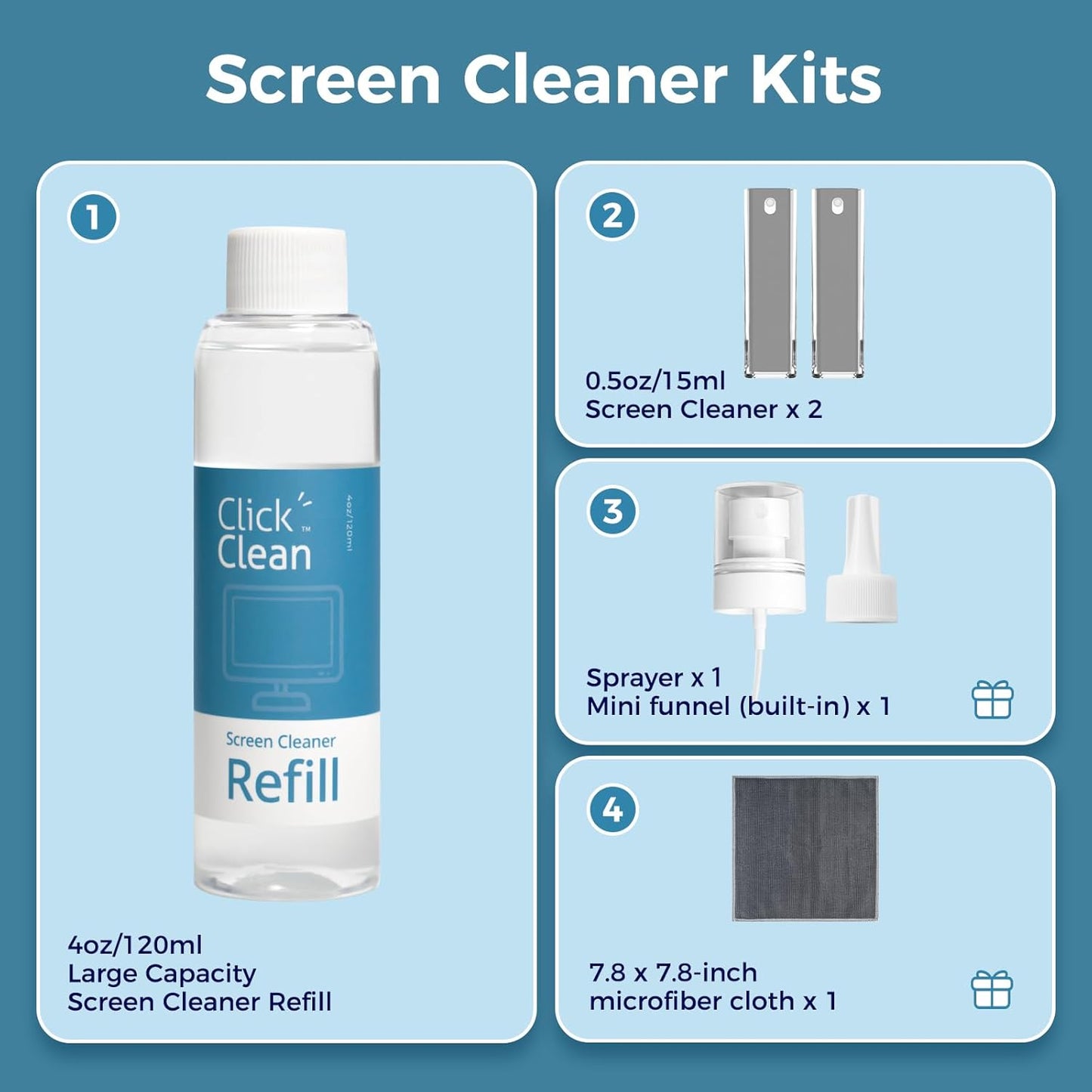 Click Clean Screen Cleaner Kits - 2 All-in-One Mist Cleaner with 4 oz Refill, 1 Microfiber Cloth(7.8 x 7.8in), 1 Mini Funnel, and 1 Sprayer - for All Phones, Laptop and Tablet Screens