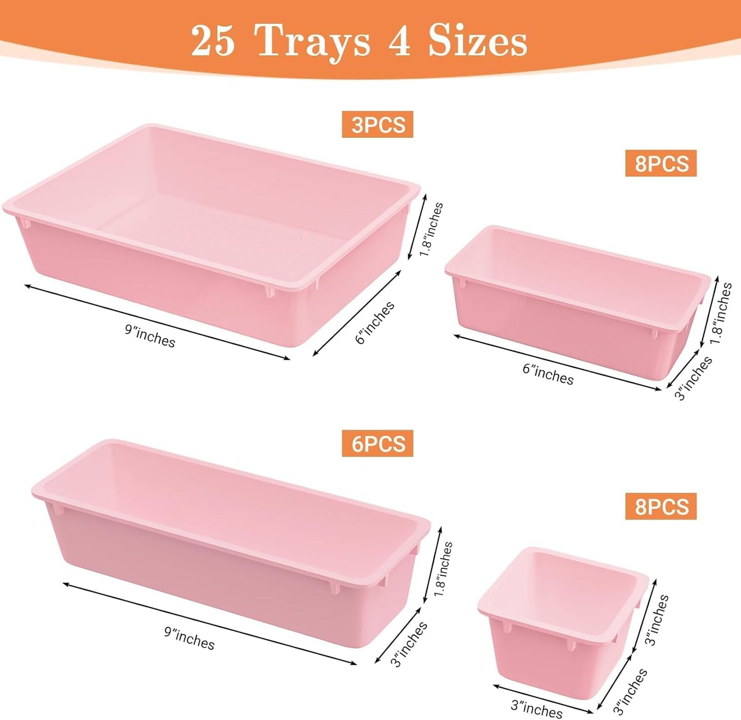 25 PCS Plastic Drawer Organizer Set, 4-Size Versatile Organizer Trays & storage Bins for Makeup, Jewelry, and Gadgets in Bathroom, Bedroom and Office, Pink