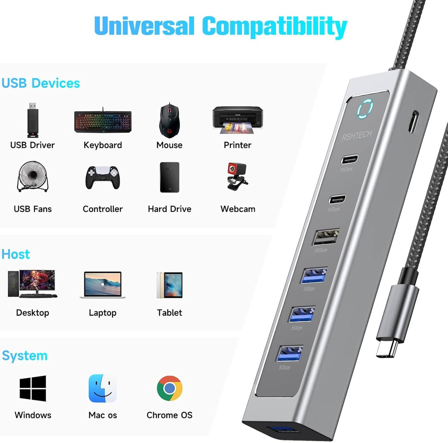 RSHTECH 7-Port USB C Hub Splitter 10Gbps with 3 USB-3.2 (2C + 1A), 4 USB-3.0 Ports and 2ft Long Cable, Aluminum USB-C Hub Multiport Adapters for Laptop and More, RSH-T17C