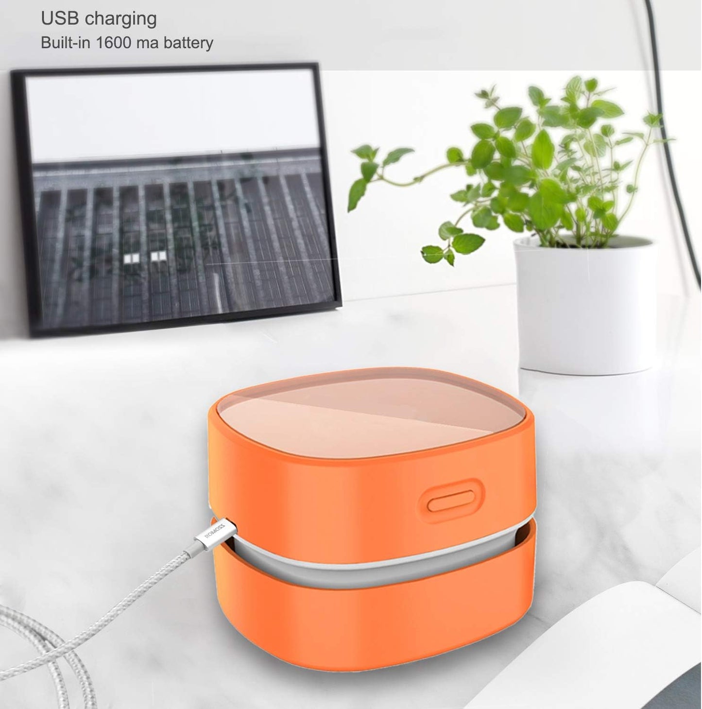 ODISTAR Desktop Vacuum Cleaner,Mini Table dust Sweeper Energy Saving with auto Power-Off Function,High Endurance up to 400 mins,Cordless&360º Rotatable Design for Keyboard/Office(Orange Charging)