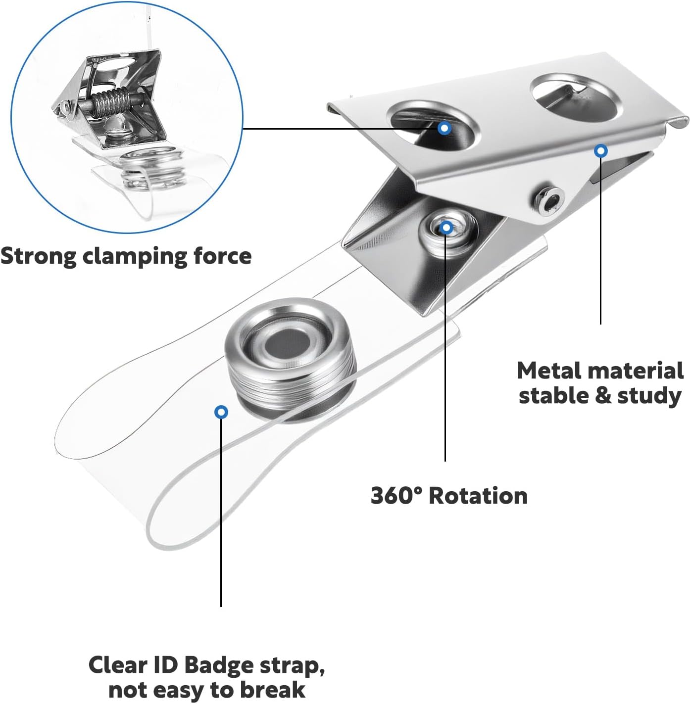 300 Pcs Metal Badge Clips with Clear PVC Straps – Double Hole ID Card Clips for Name Tags, Badge Holders & Office Use