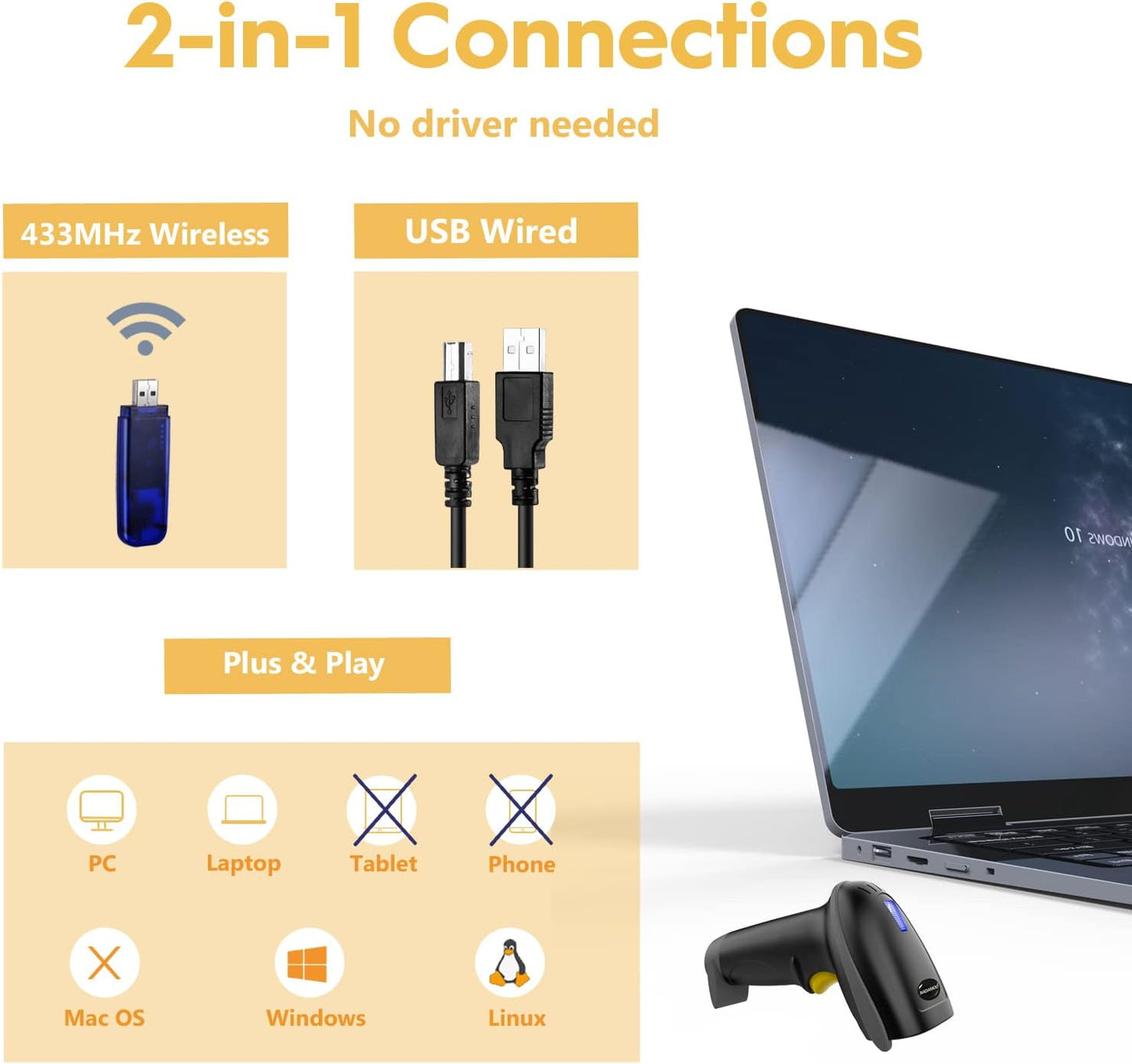 NADAMOO Wireless Barcode Scanner 328 Feet Transmission Distance USB Cordless 1D Laser Automatic Barcode Reader Handhold Bar Code Scanner with USB Receiver for Store, Supermarket, Warehouse