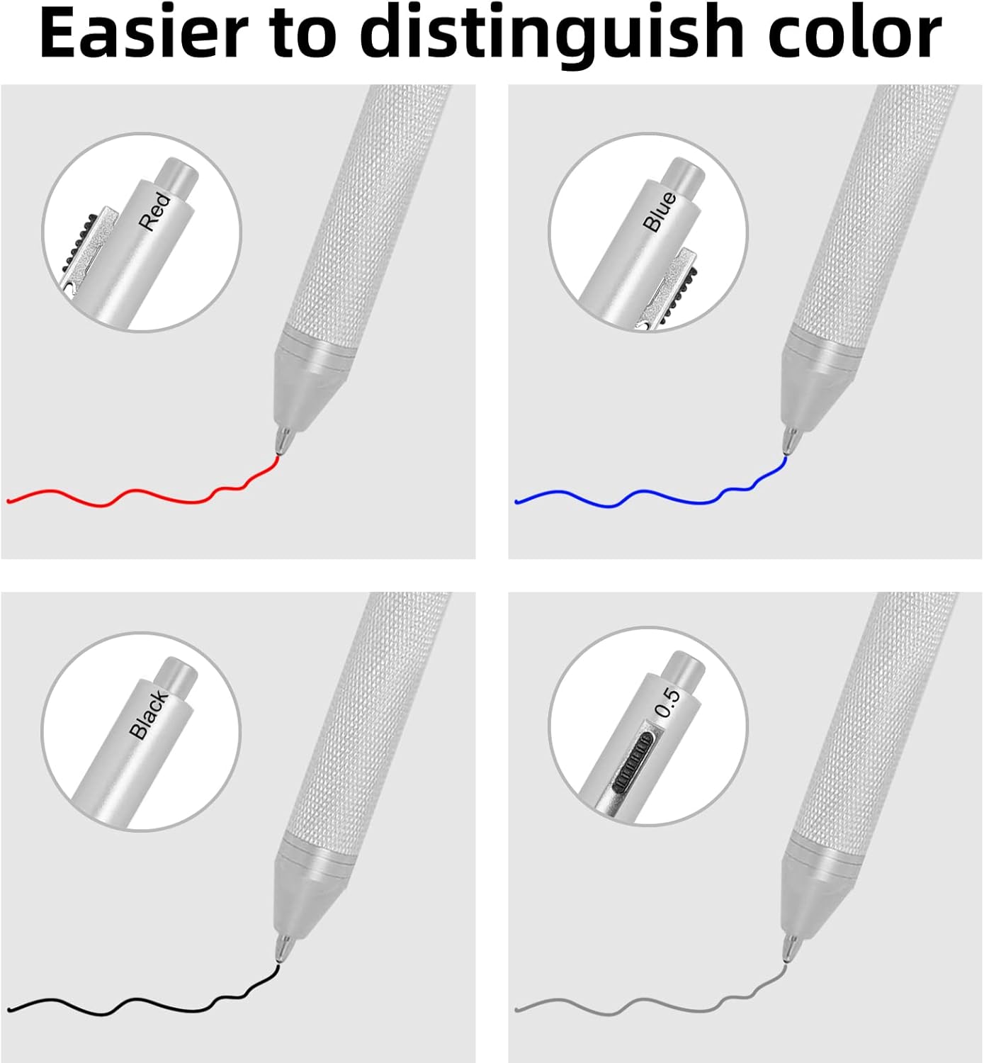 YOUMI Multicolor pen 4 in 1 Multifunction Pen with Metal Cased 0.5mm Mechanical Pencil Red Ballpoint Pen Blue BallpointPen and Black Ballpoint Pen Gift for Journaling (Silver)