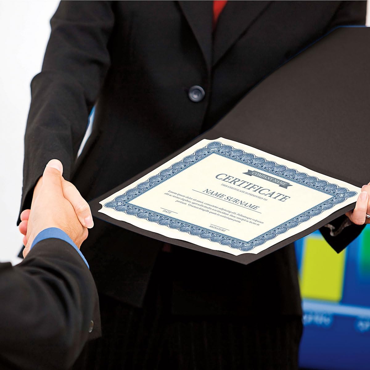 Plain Black Certificate Folders - Pack of 25, Linen Cover 80 lb. Stock, Folded, Die-Cut Corners, for Office, Business Awards, Graduation, School Diploma Holder, 9-1/2" x 12"