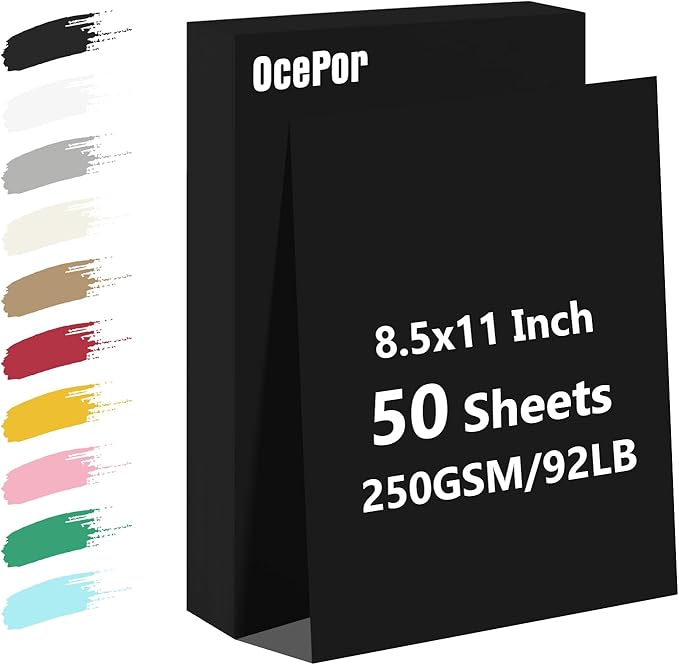 OcePor 50 Sheets Black Cardstock Paper, Colored Printer Paper 8.5 x 11, Card Stock Thick Construction for Craft,Scrapbook，Office Printing, Invitations, Certificates，92 lb/250gsm