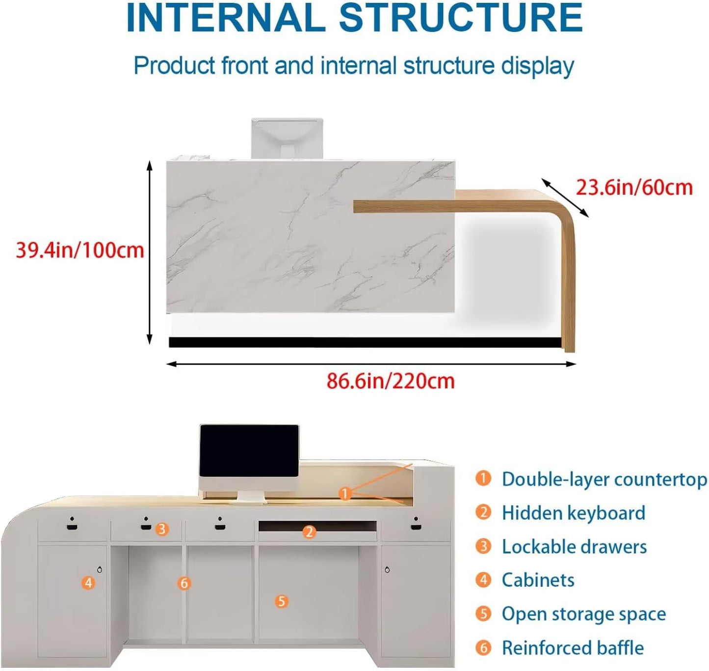 Reception Desk with Counter Modern Front Office Desk Large Reception Room Tables Checkout Counter Reception Table for Retail Lobby Beauty Salons White 87inch/220cm