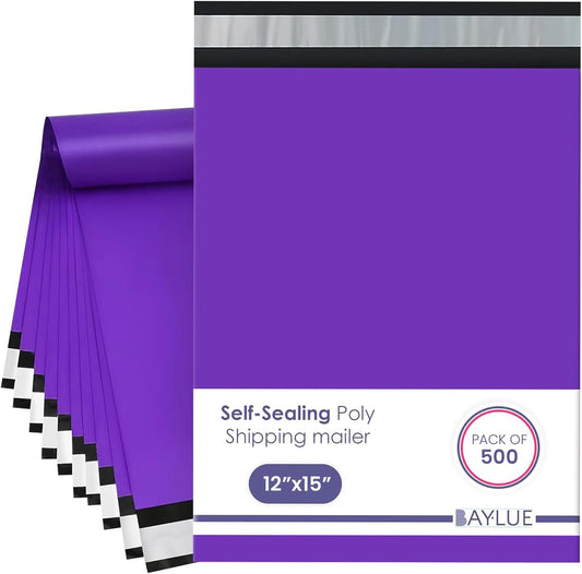 Purple Large Poly Mailers 12x15.5 Inch | Strong Adhesive Self-Seal Mailer Bag | Tear, Tamper, Water Resistant Shipping Envelopes | Thick Strong polymailer Bags | Clothing Shipping Bags | 500 Pcs Bulk