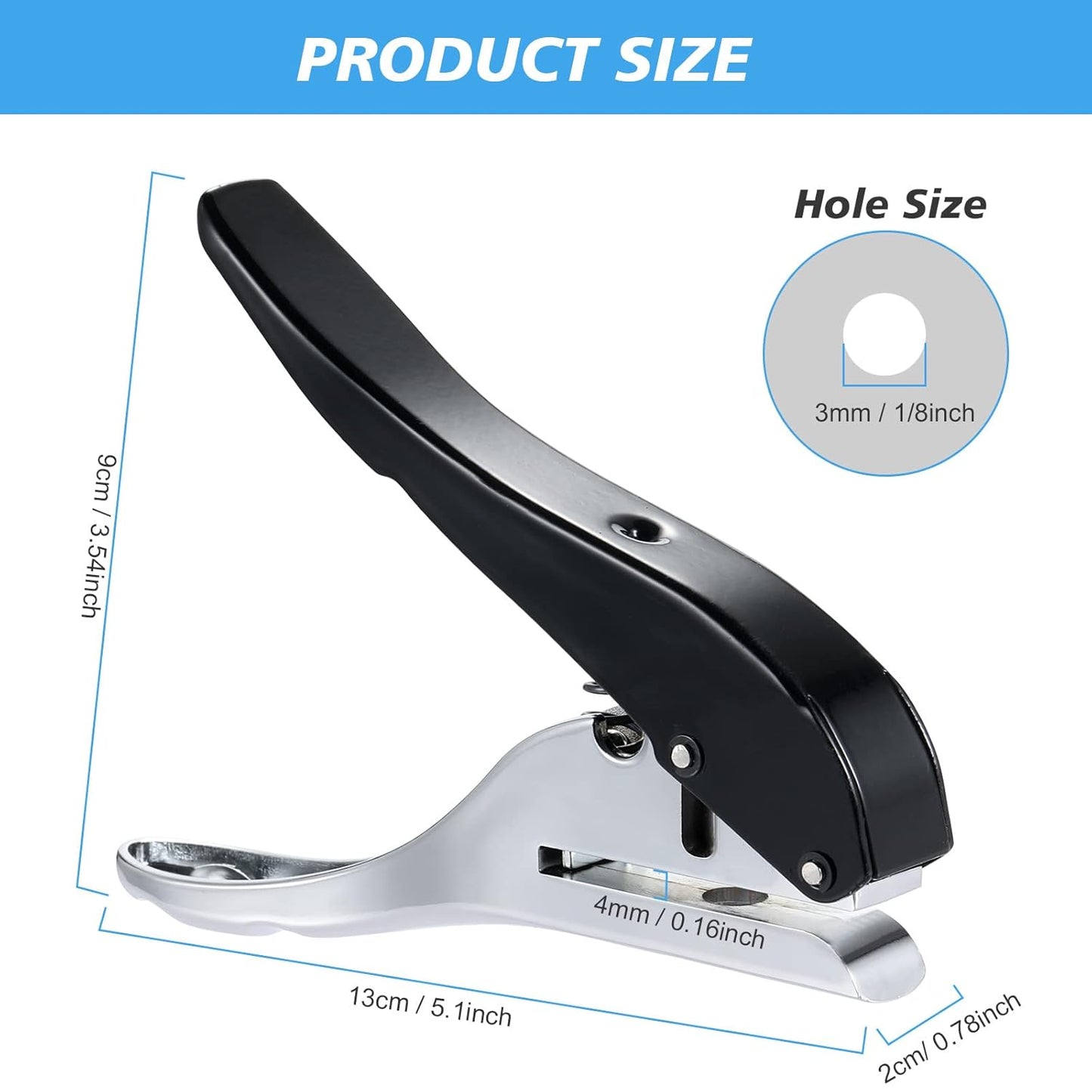 1/8" Hole Punch - Heavy Duty Single Hole Puncher for Paper, Tags, Cards, Plastic, Cardboard (3MM Black)