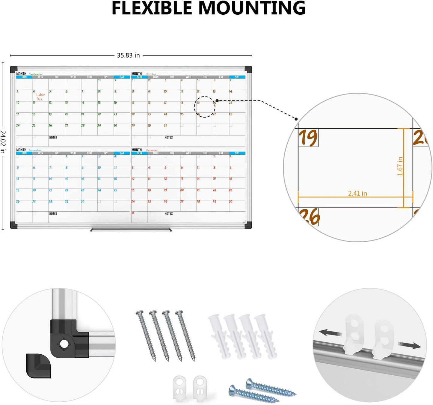 XBoard Magnetic Calendar Whiteboard 36" x 24", 4 Months Calendar Dry Erase Board, Silver Aluminium Framed White Board Planner for Home School Office Organization