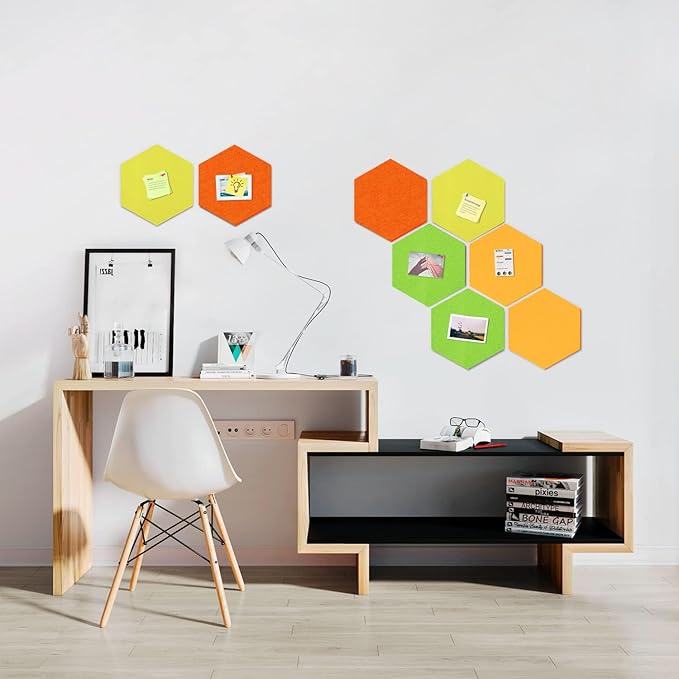 12" Large Bulletin Board with 30 Push Pins, Pack of 8 Hexagon Felt Pin Board Notice Boards for Home Office Kitchen, Felt Wall Tiles for Photos Memos (Green Yellow)