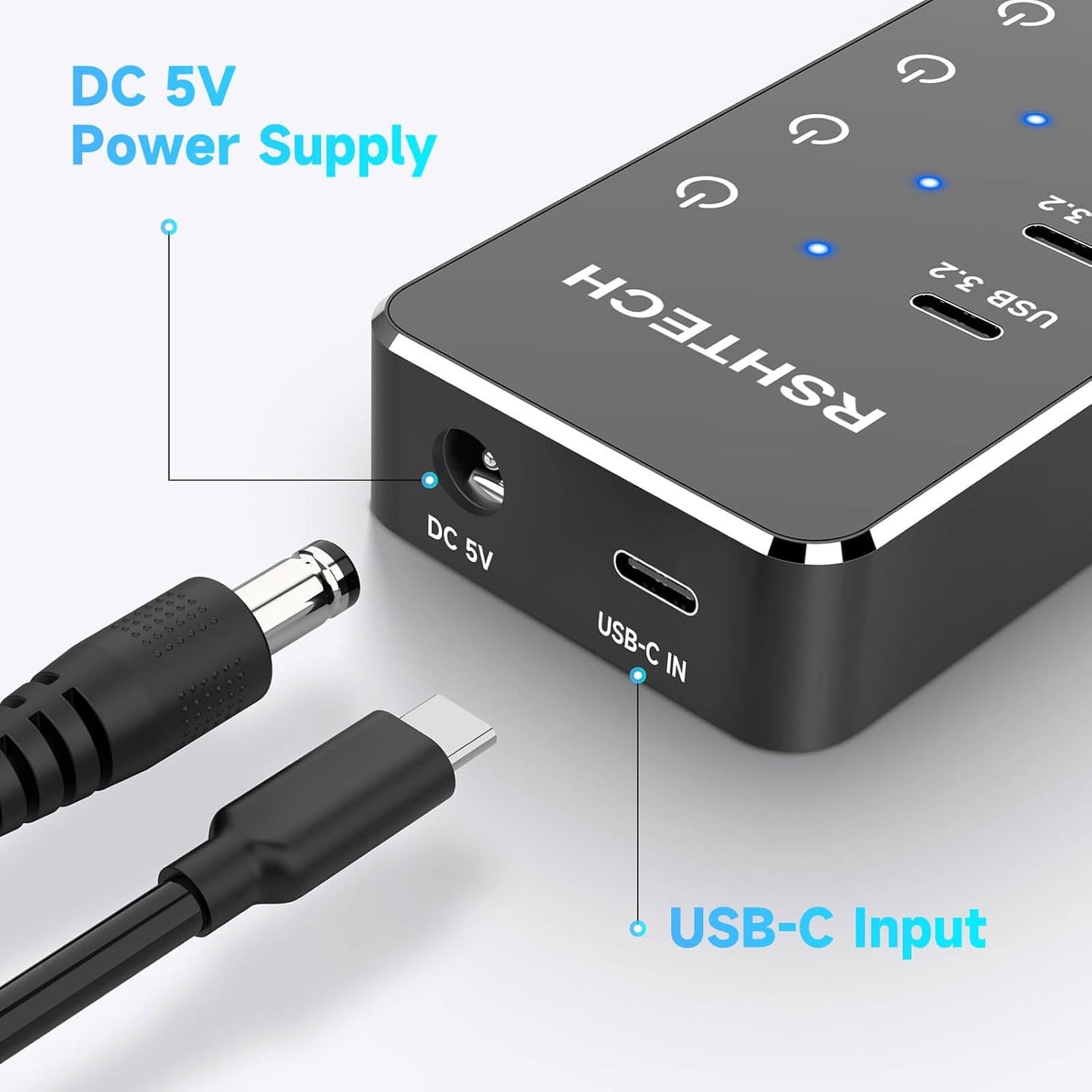 RSHTECH 7-Port Powered USB 3.2/USB-C Hub Splitter with 3 x 10Gbps USB-3.2 Ports (2C + 1A),4 USB-3.0 Ports (2C + 2A), 3.3ft Cable, Touch Switches, and 5V Power Adapter for Laptop PC