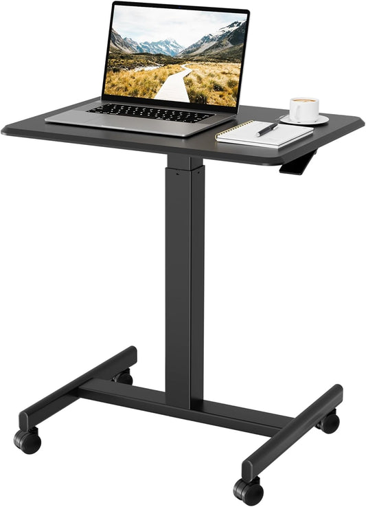 BONTEC Mobile Standing Desk Adjustable Height, Rolling Laptop Cart with Hook, Portable Workstation with Pneumatic Lift, Ergonomic Table with Wheels, Compact Home Office Desk, Black, 25.6" x 18.9"