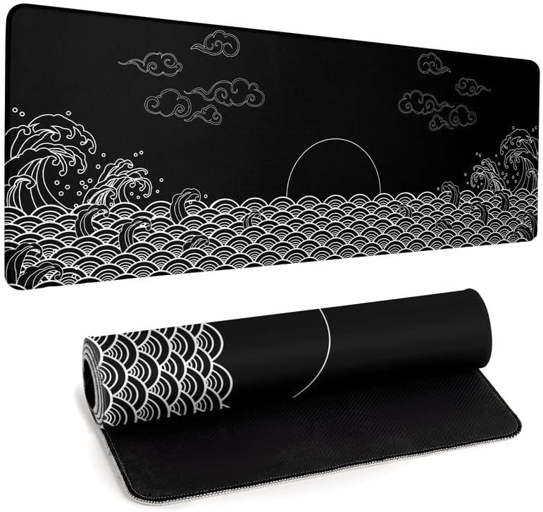 Japanese Sea Wave Gaming Mouse Pad Black Large Anime Mousepad Extended Mouse Mat 31.5''x11.8'' 3mm Thick Non-Slip Rubber Base Big Desk Pad for Office