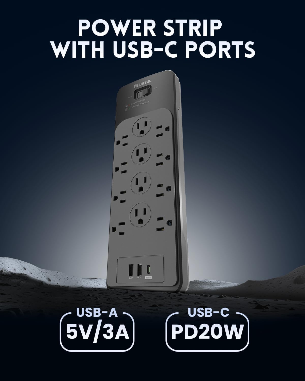 Surge Protector Power Strip 25FT(4080J), PLUGTUL Surge Protector with 12 Outlets - Spacious Design for Large Plugs, Flat Plug, 20W USB C Charging for Home, Office, ETL Listed