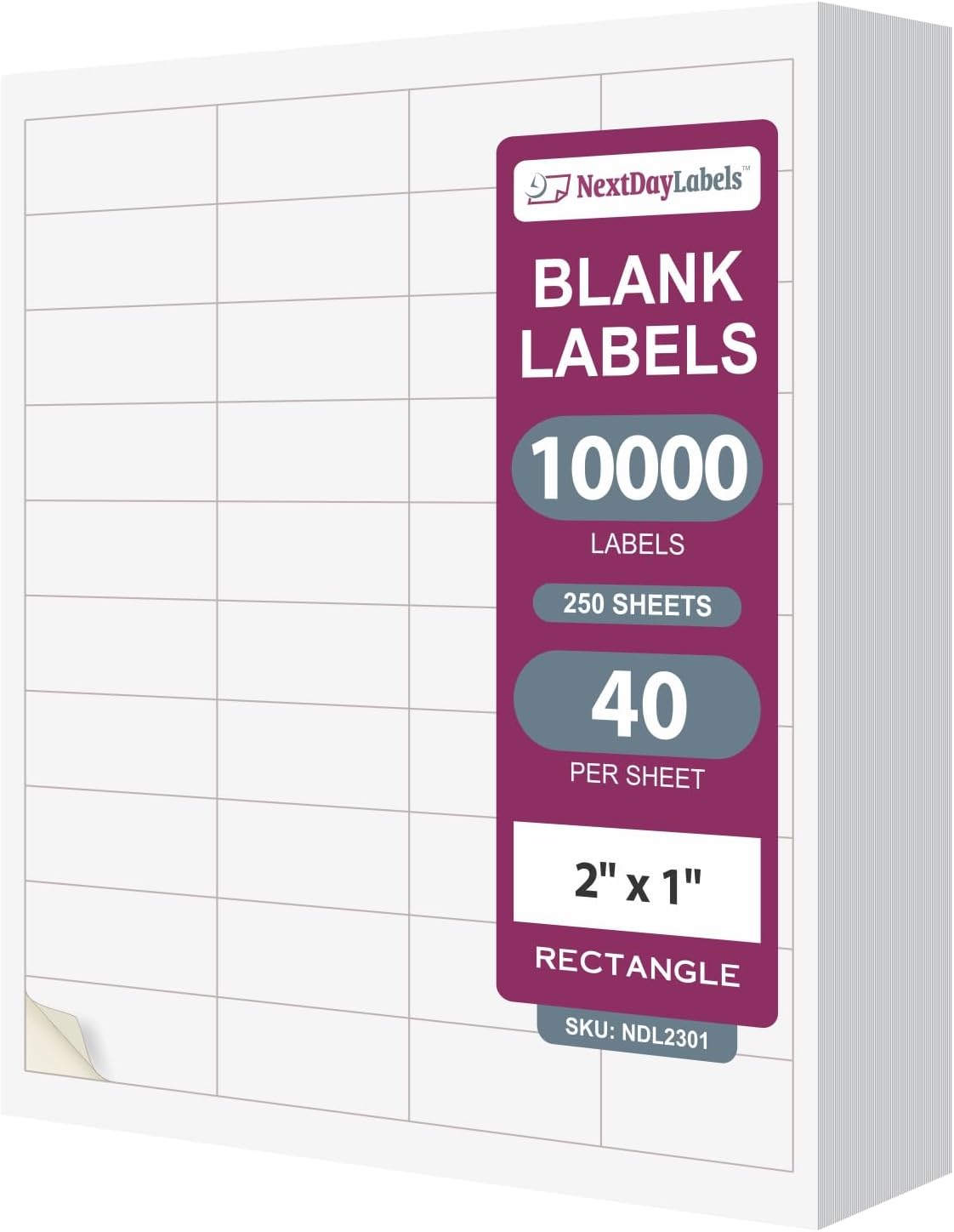 NextDayLabels – 2" x 1" Rectangular Sticker Labels for Printer - White Laser/Inkjet Printer Labels Return Address Labels Shipping Label Stickers (250 Sheets, 40 Per Sheet, 10000 Labels)
