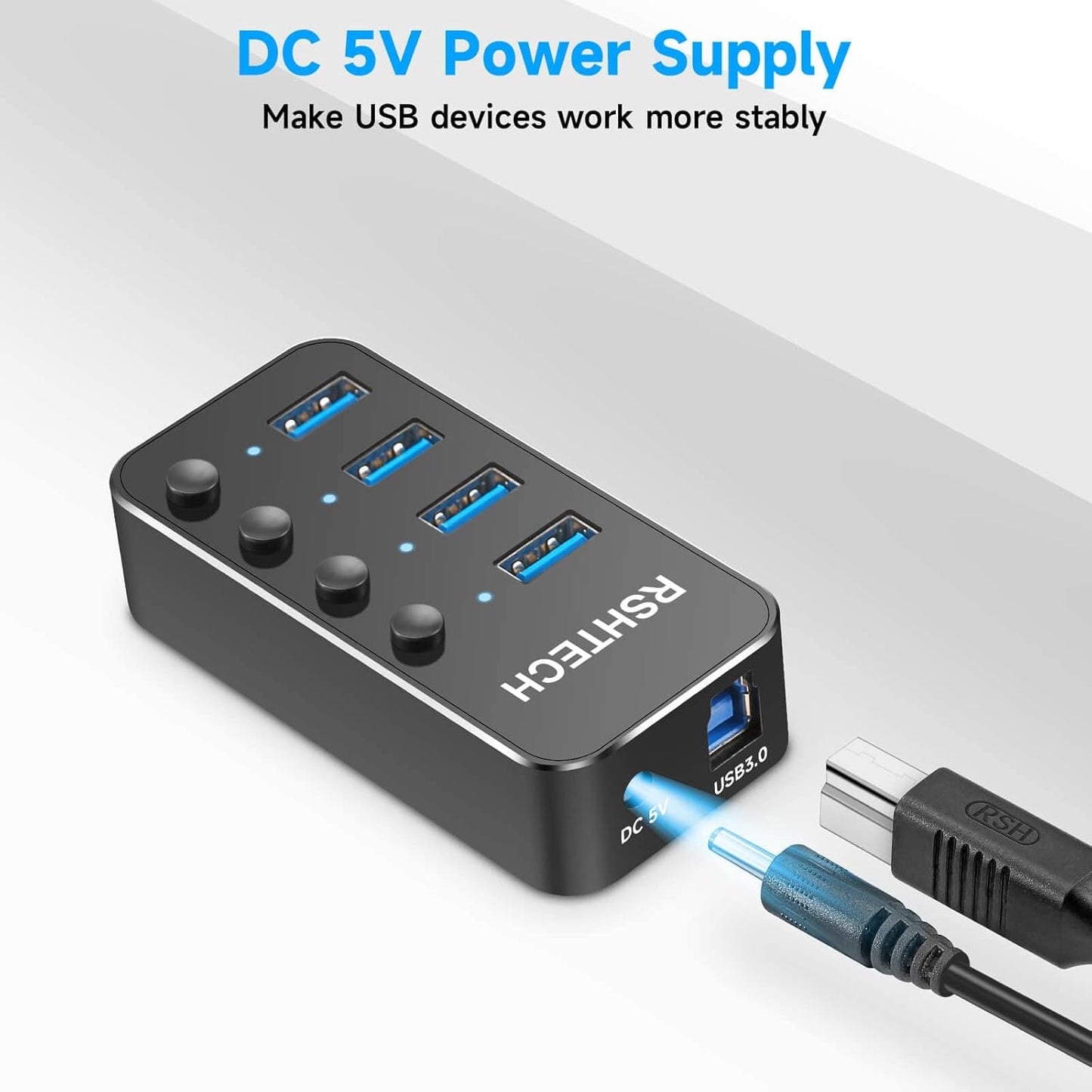 USB 3.0 Hub RSHTECH 4 Port Powered USB 3.0/USB C Hub Upgraded Version with 2-in-1 3.3ft USB Cable,5V Power Adapter and Individual Switches, Portable Aluminum USB Splitter for Laptop and PC, RSH-ST04
