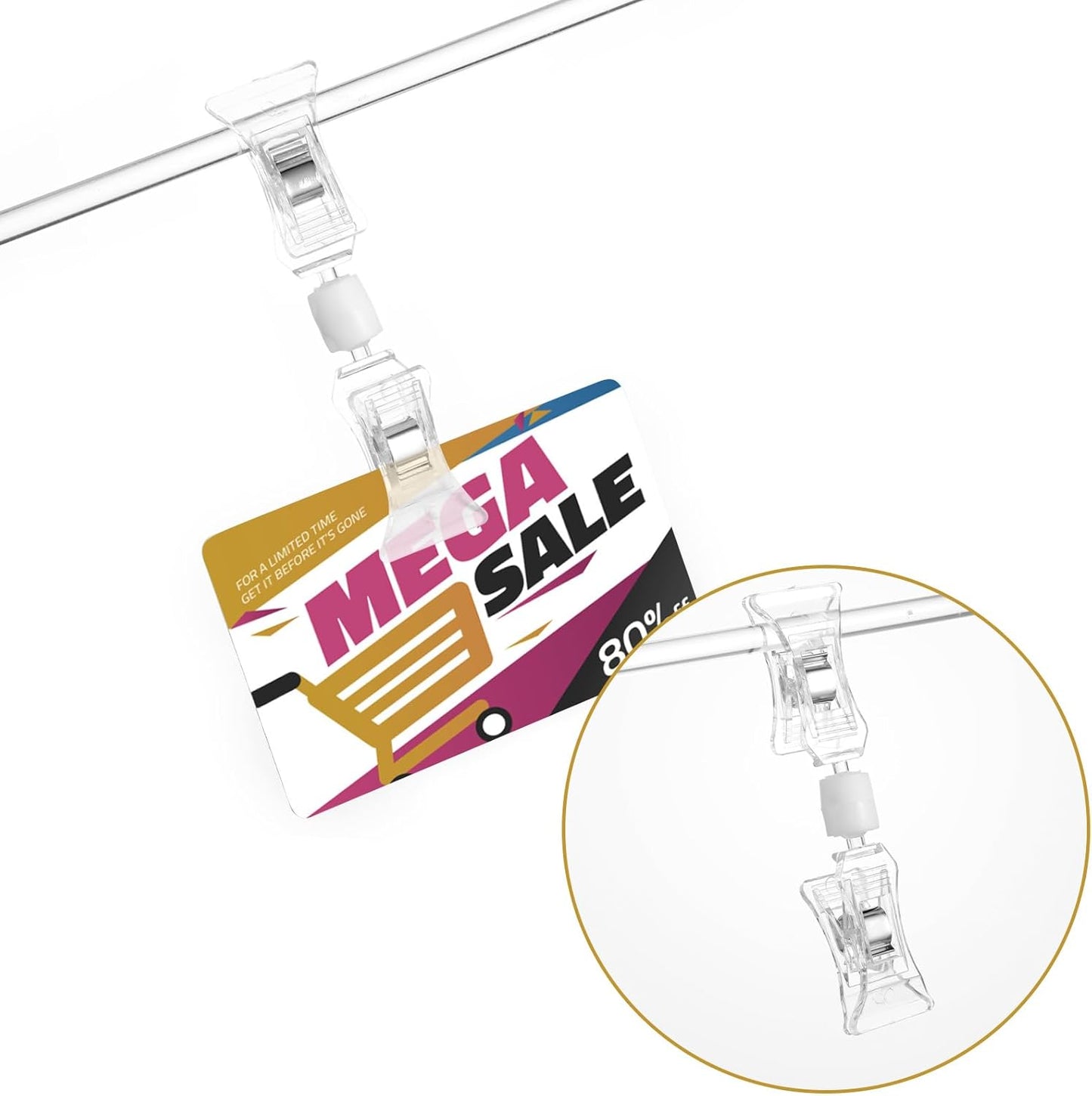50 Pieces Double Sided Sign Clip, Clear Retail Merchandising Signs Display Tags, Plastic Sign Holder Rotatable Pop Clip-on Promotion Clips Stand for Label, Basket, Business Cards