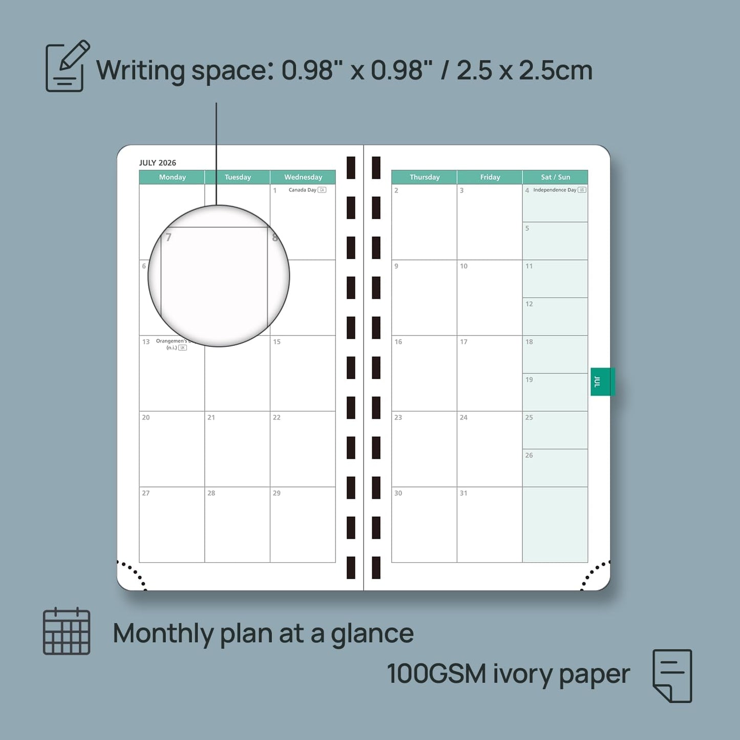 POPRUN 2026 Pocket Planner (Slim Size 3.5" x 6.5") Weekly and Monthly Calendar for Purse, with Hourly Time Slots, 100GSM Thick Paper, Spiral Soft Cover, Pen Holder - Blue Green
