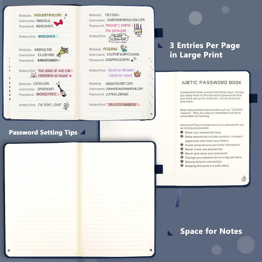 JUBTIC Password Book with Alphabetical Tabs Small Password Keeper with Inner Pocket Record Log in Internet Address Password Notebook Journal Hardcover Password Organizer for Home Office, Blue