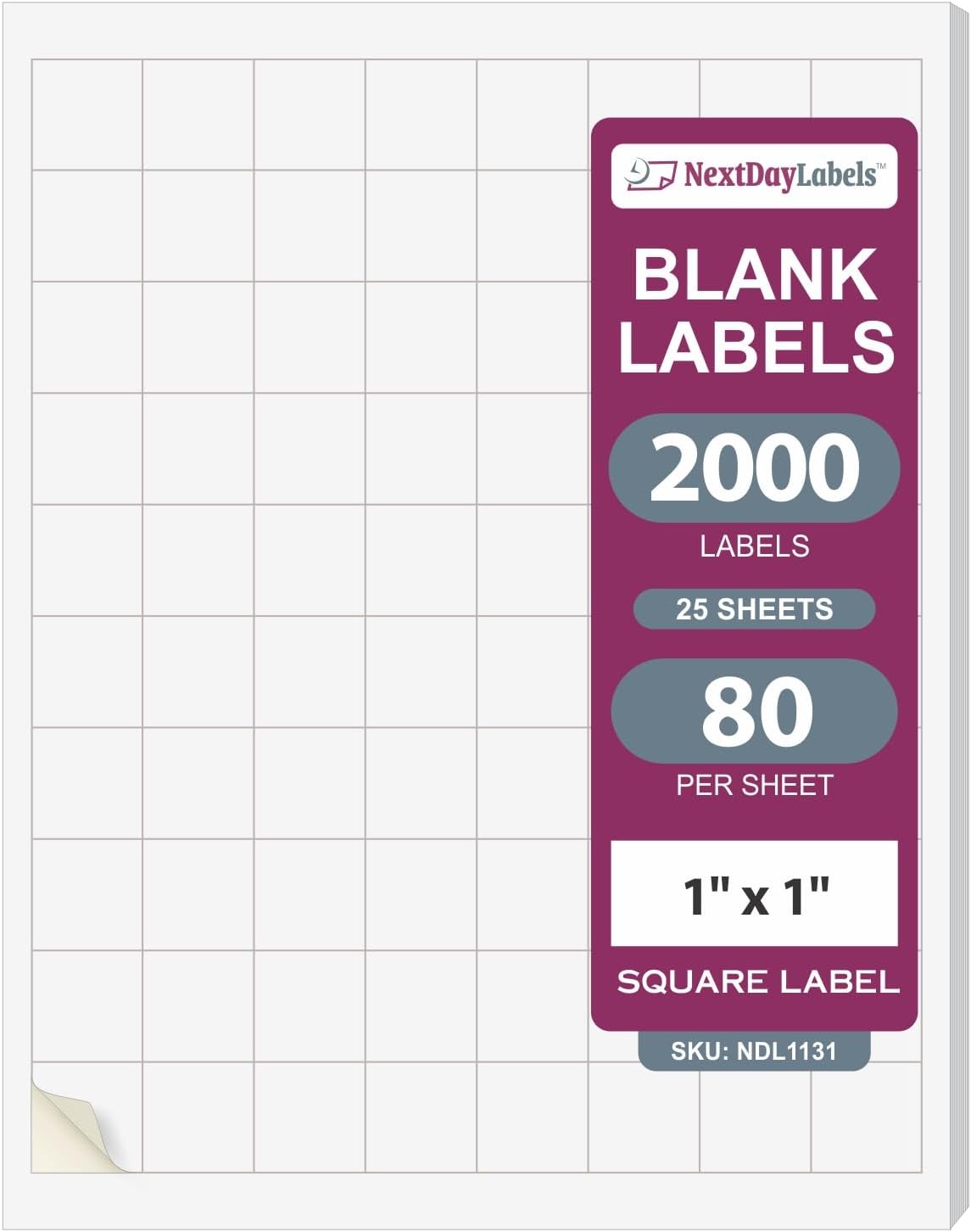NextDayLabels – 1" x 1" Square Sticker Labels for Printer - White Laser/Inkjet Printer Labels Return Address Labels Shipping Label Stickers (25 Sheets, 80 Per Sheet, 2000 Labels)