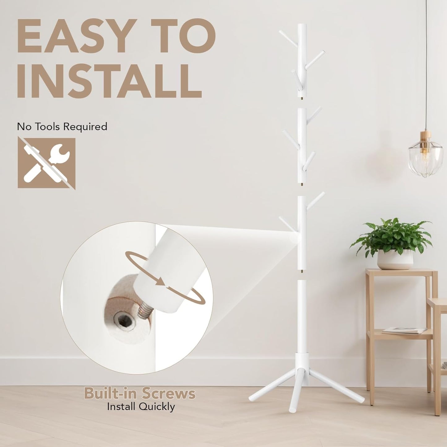 Wooden Tree Coat Rack Stand,Sturdy Freestanding Coat Rack with 8 Hooks,3 Adjustable Height for Child Adult,Wood Coat Stand Tree Fits Entryway Bedroom Office for Bags,Hats