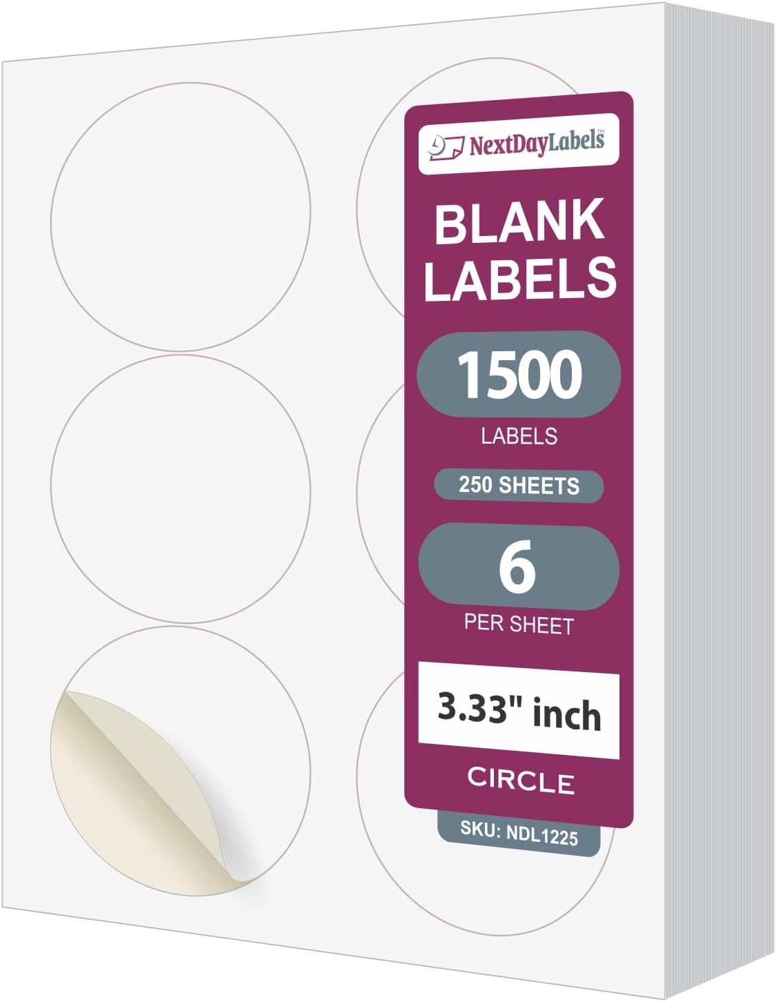 NextDayLabels - 3.33 Inch Round Stickers for Printer - Matte White Blank Laser/Inkjet Printable Circles (250 Sheets, 6 Per Sheet, 1500 Labels)