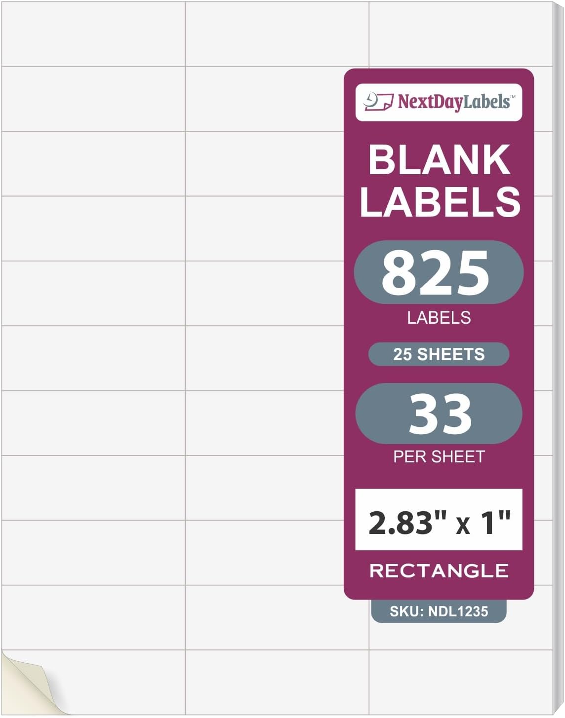 NextDayLabels - 2.83" x 1" Rectangular Sticker Labels for Printer - White Laser/Inkjet Printer Labels Return Address Labels Shipping Label Stickers (25 Sheets, 33 Per Sheet, 825 Labels)