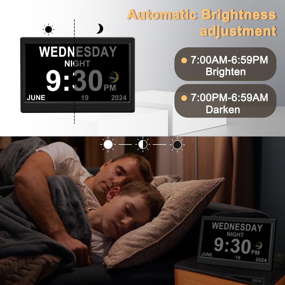 Extra Large Impaired Vision Digital Alarm Clock with Day and Time for Elderly Calendar Clock Auto Dimmable Clock (10.1 Inch Black)
