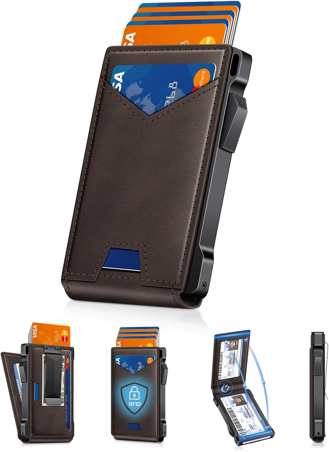 Wallet for Men RFID Wallet with 2 ID Windows & Money Clip, Slim Pop Up Card Holder for 10-12 Cards, Bifold Minimalist Smart Wallet for Front Pocket, Compact Metal Credit Card Holder, Gifts for Men