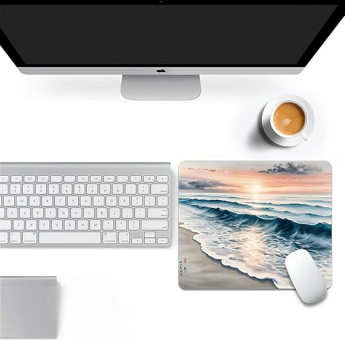 Beach Sunset Mouse Pad,Cute Mouse pad,Custom Small Mouse Pads with Designs,Portable Office Non-Slip Rubber Base Wireless Waves Mouse Pad for Laptop