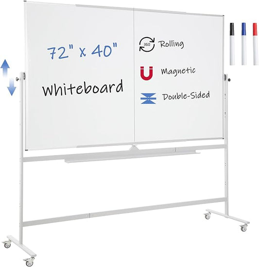 FORTUNO Large Magnetic Mobile Whiteboard 72"x40", Rolling Double Sided Stand Whiteboard on Wheels, Reversible Adjustable Height/Angle Dry Erase Board Easel White Board for Office Classroom