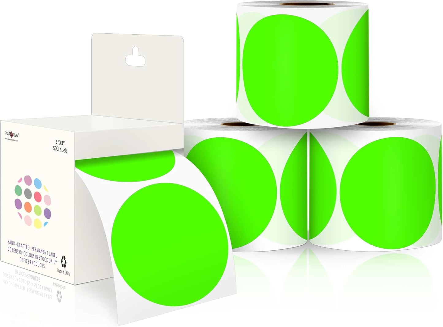 PARLAIM 3”Color Coding Labels Stickers,4Rolls/2000per Dispenser Box Round Adhesive Circle Dot Stickers for Inventory Office Home (Fluorescent Green)